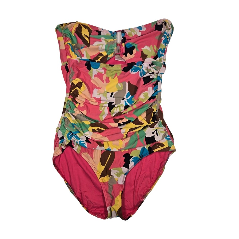 Anne Cole One Piece Swimsuit Womens 8 Pink Floral Ruched Bandeau *see notes
